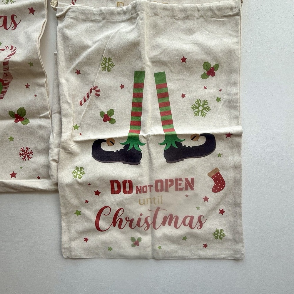 Large Christmas Holiday Gift  Bag Elf Lot Of‎ 3 Ivory Color 24 Inches Cloth. - Picture 4 of 8